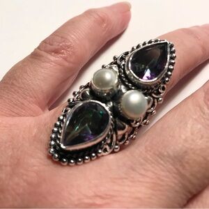 Mystic Topaz Pearl Stamped 925 Sterling Silver Ring